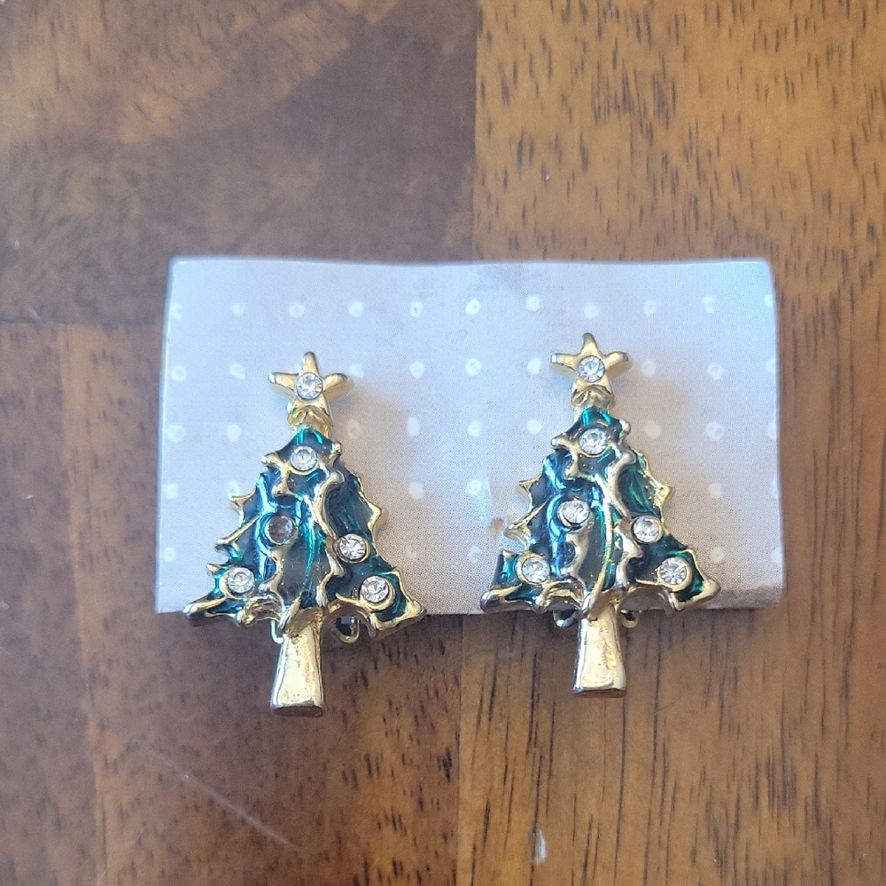 Vintage Gold and Green Christmas Tree Earrings